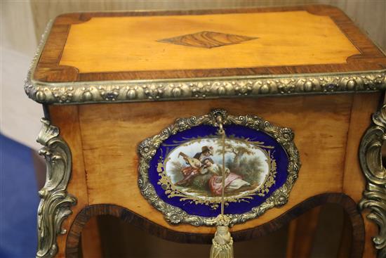 A pair of Louis XVI style ormolu mounted satinwood gueridons, W.1ft 2in. D. 9in. H.2ft 3.5in.